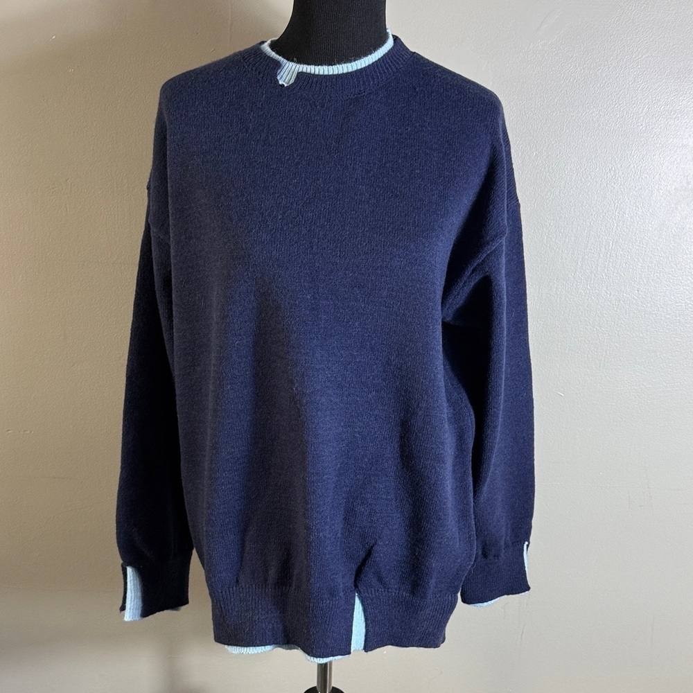 Navy Blue Women’s Crewneck Sweater w Light Blue Under Collar Hem & Cuffs XL NWOT